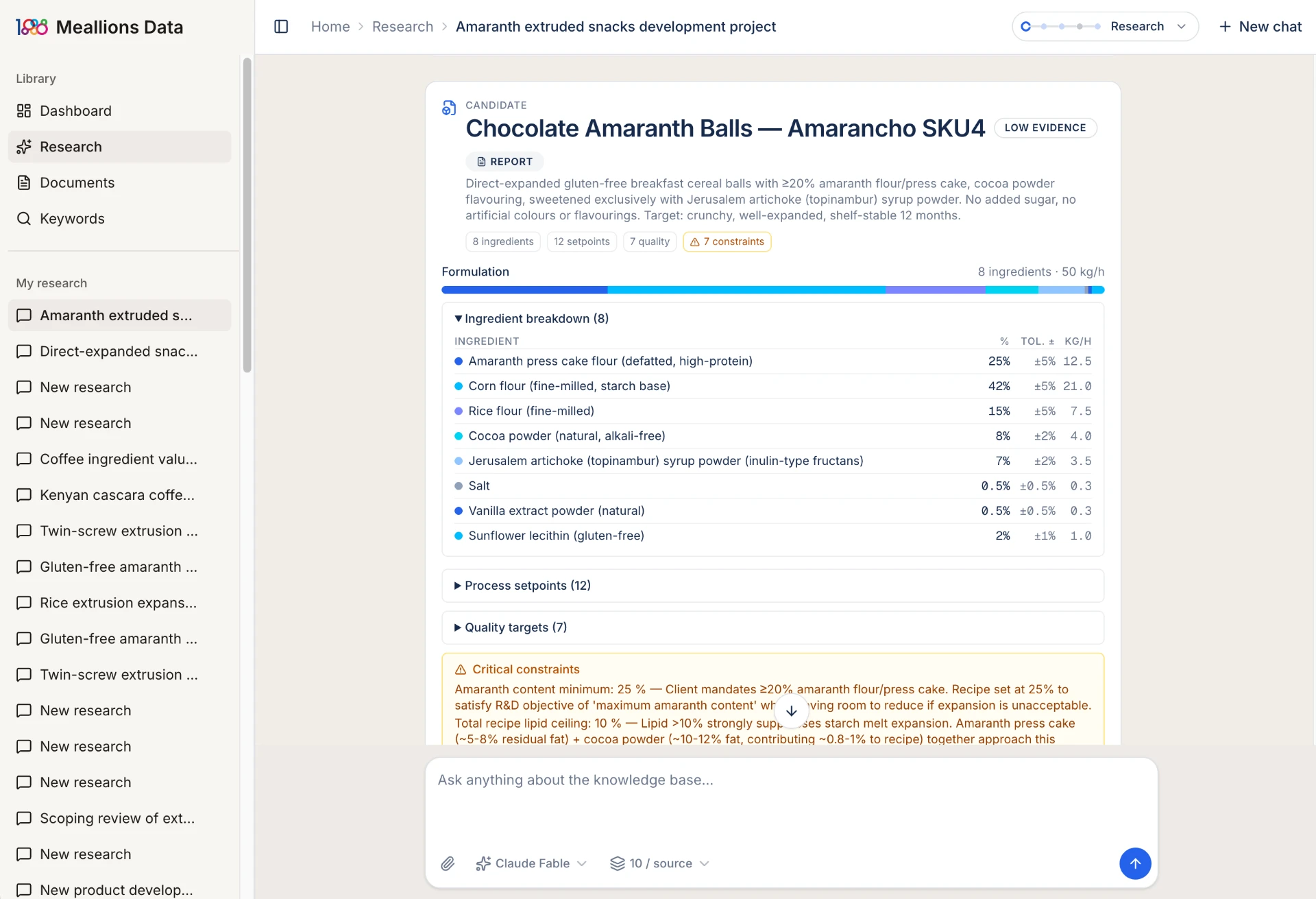 Meallions Data research workspace showing a Chocolate Amaranth Balls formulation report, ingredient breakdown, constraints, and knowledge-base chat